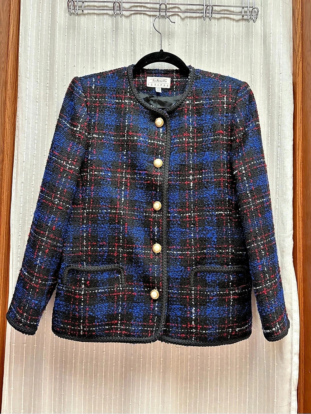 Talbots Tweed Blazer Jacket Womens 8 Blue Red Wool Pearl Buttons EUC